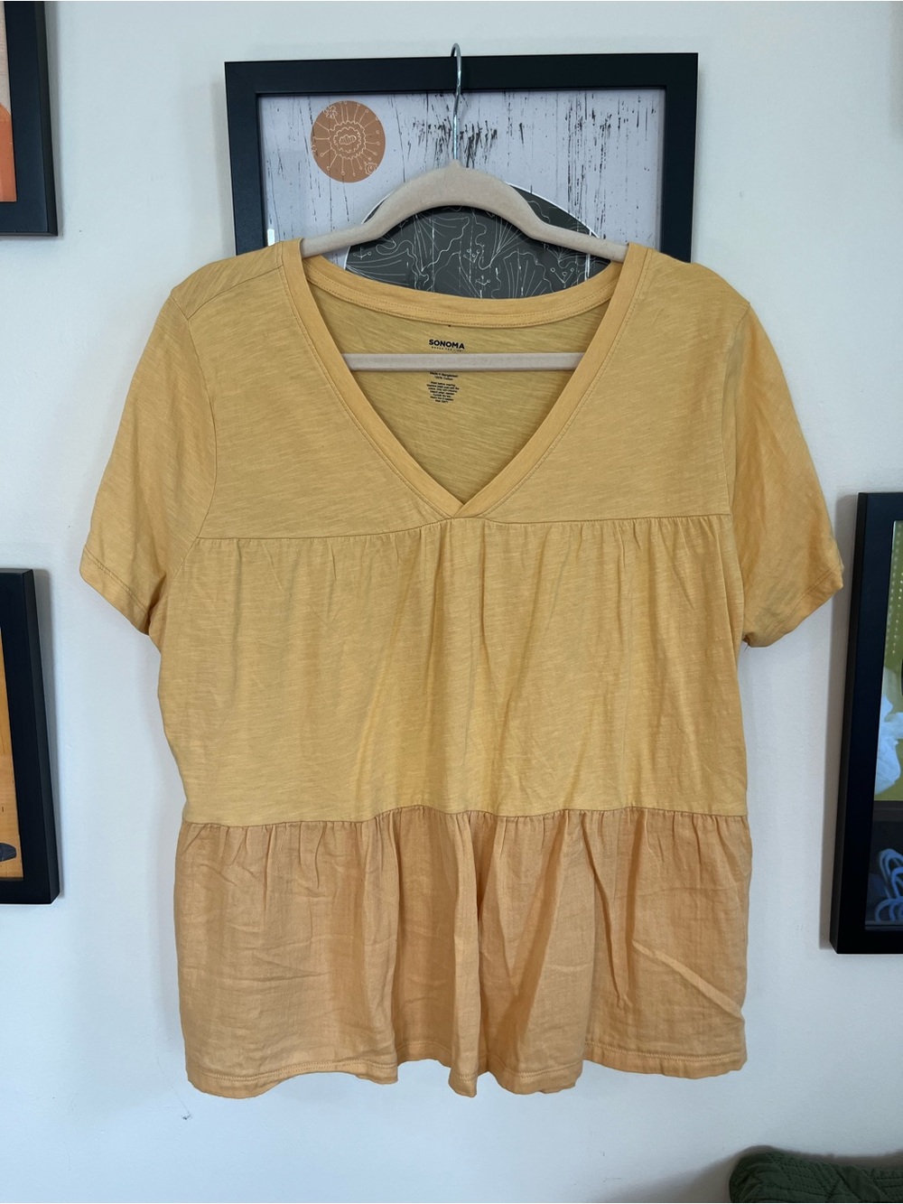 Sonoma Mustard Two-Tone V-Neck Short Sleeve Top